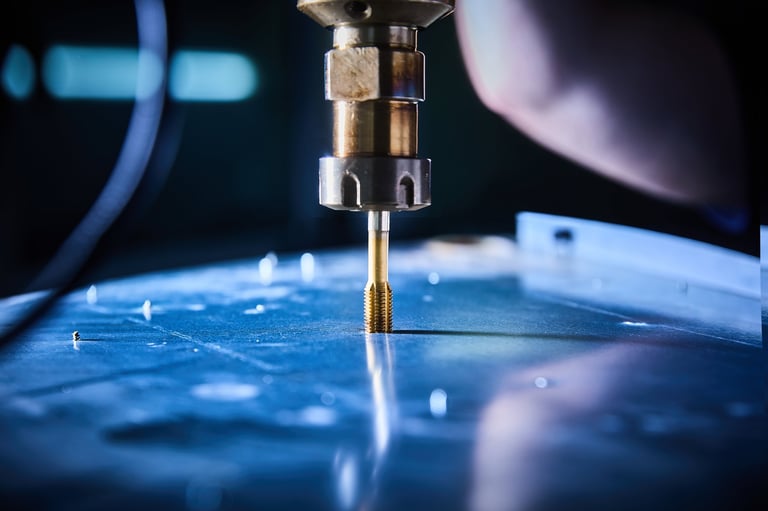 CNC machine tool drilling or engraving a blue circuit board with precision in a dark industrial setting