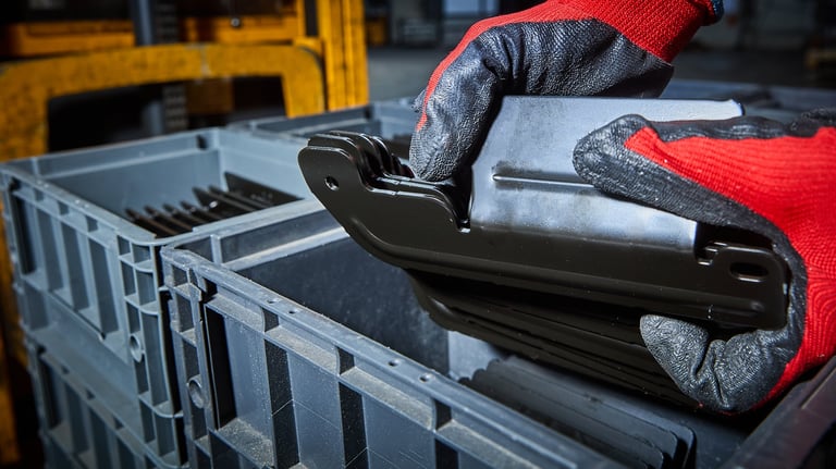 Worker in red and gray gloves holding a black car part over a metal industrial crate