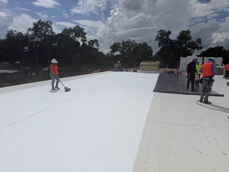 Roofing crew rolling seams on a white TPO flat roof membrane over fastened cover board, commercial project in Leesburg, FL