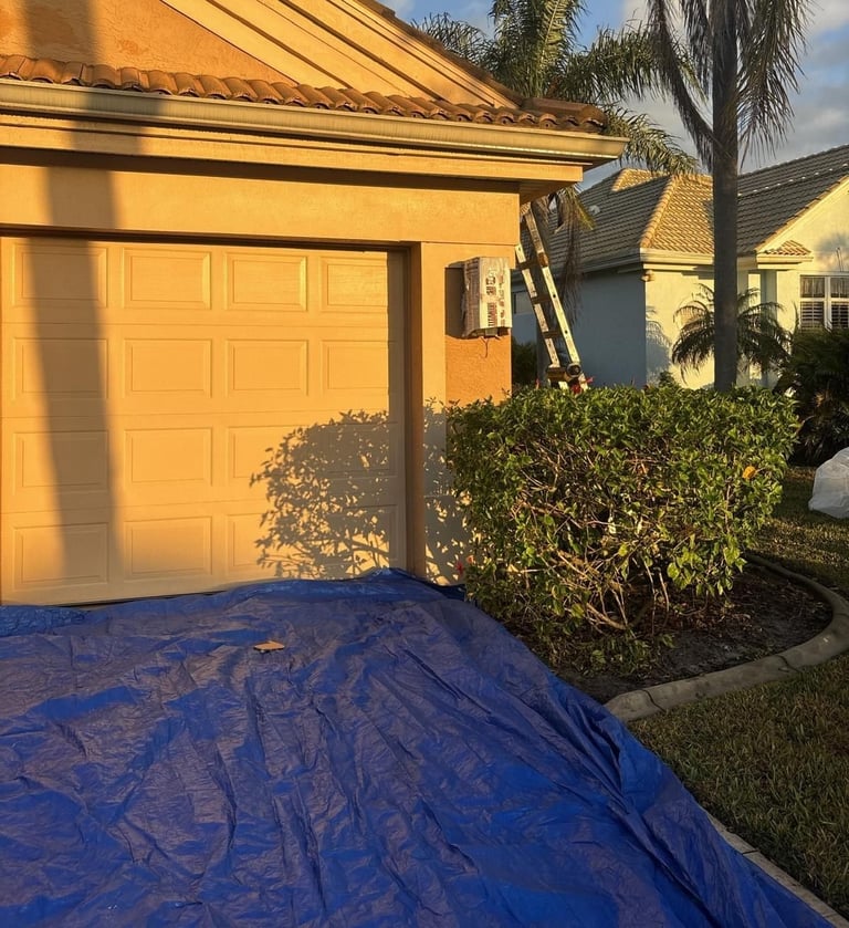 Blue tarp covering shrubs and lawn beside a garage with a ladder set up for roof work