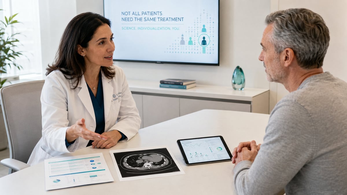 Female doctor in white coat discussing medical scan with male patient at clinic desk with tablet and brain imaging displayed