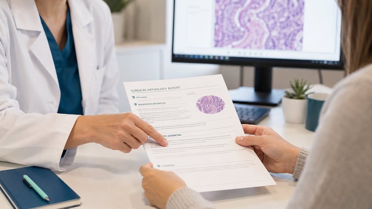 Doctor in white coat showing pathology report with tissue sample to patient during medical consultation at desk
