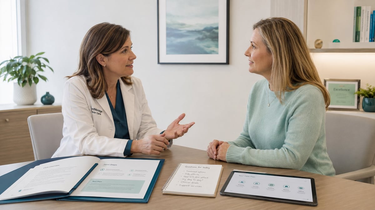 Female doctor in white coat speaking with patient in clinical office setting at desk with medical documents