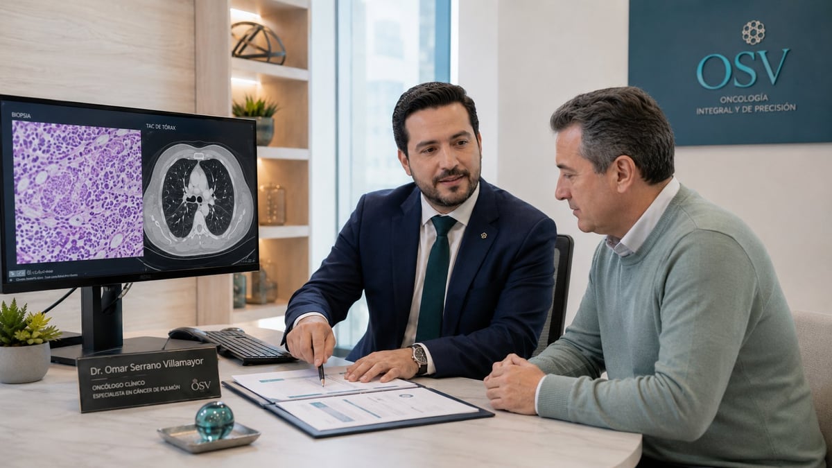 Two men in an office reviewing medical imaging scans on a computer monitor and documents at a desk