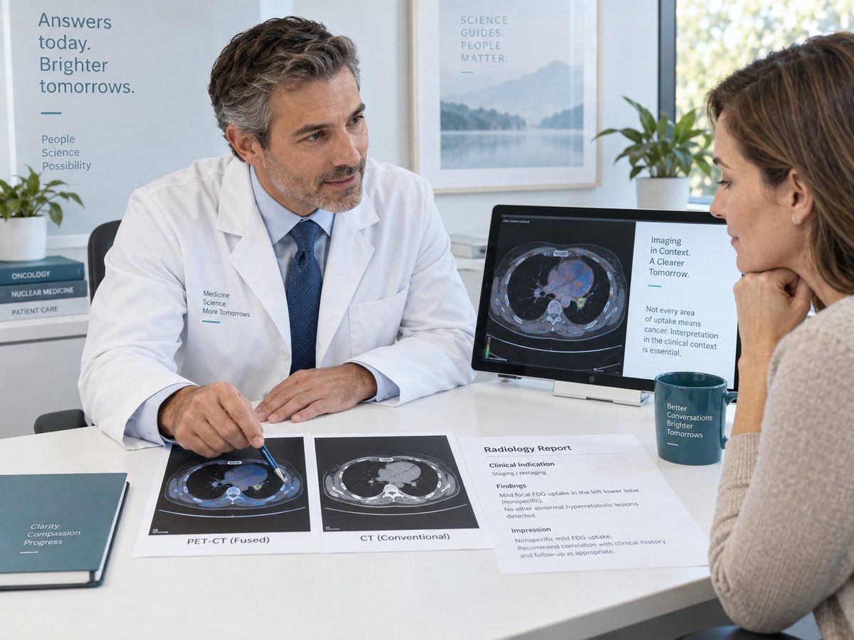 Doctor in white coat discussing medical scan images with female patient at office desk