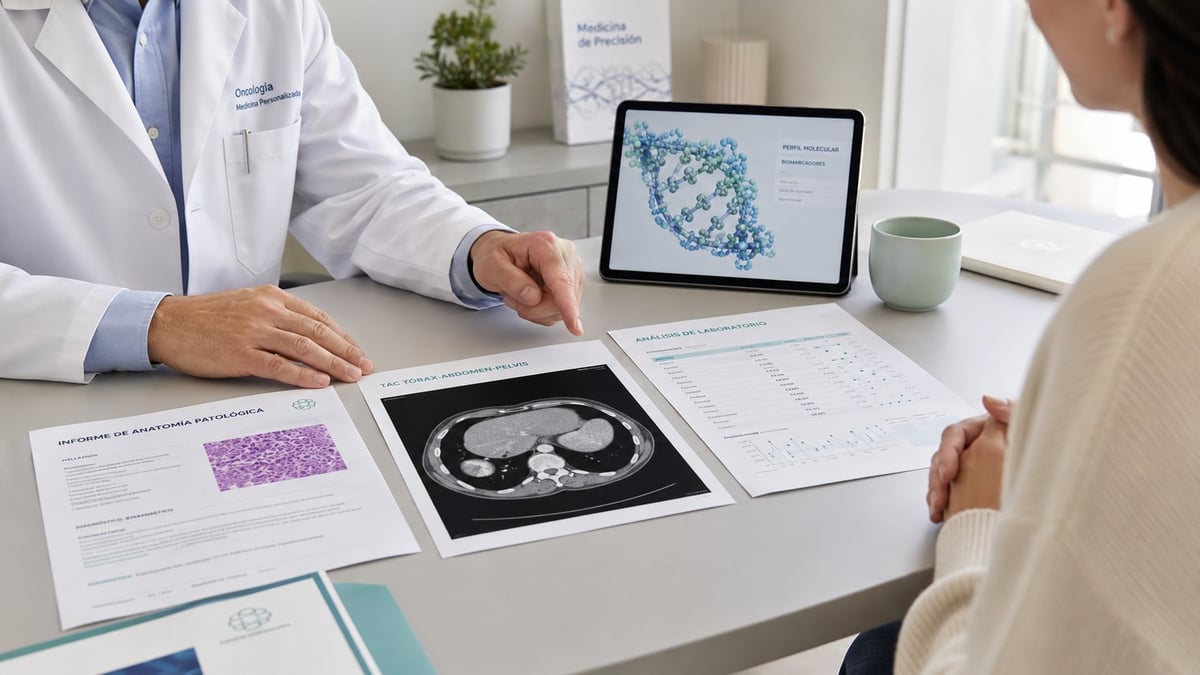 Doctor reviewing medical scans and reports with patient at desk in bright office