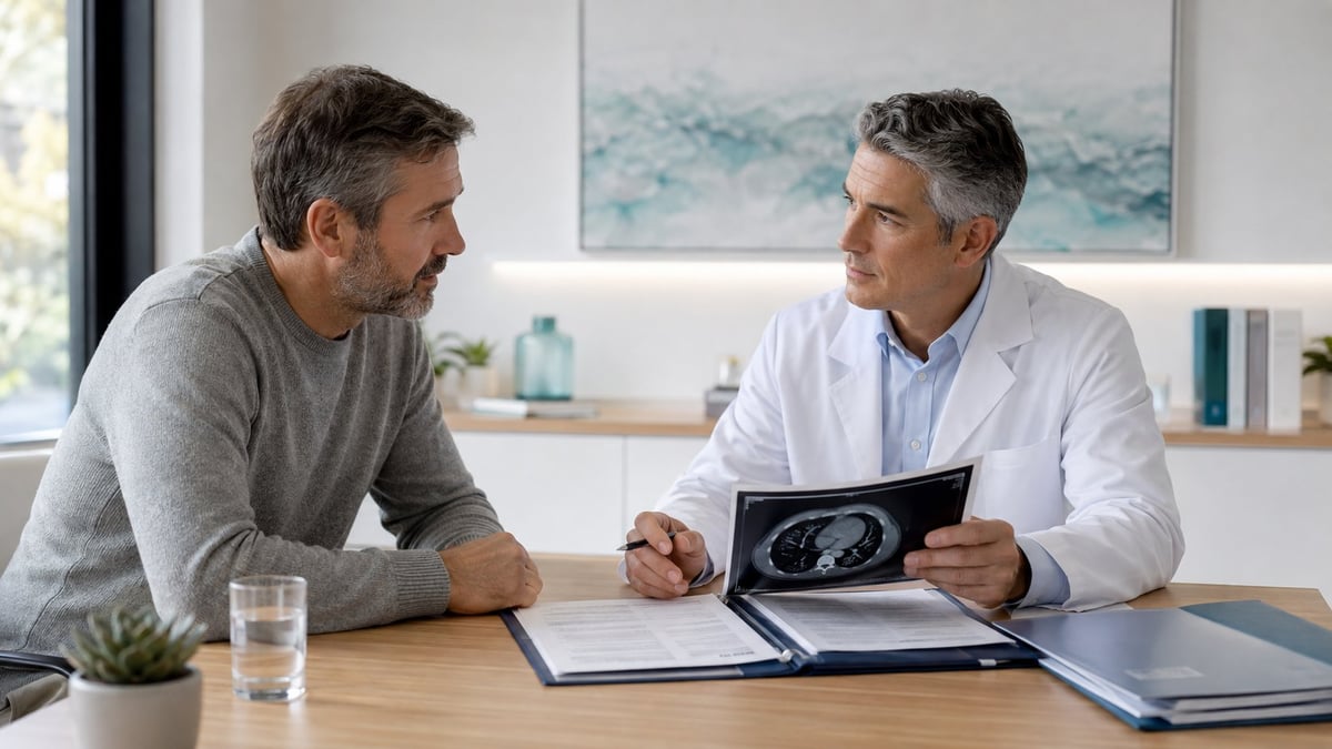 Doctor in white coat showing brain scan to male patient at desk during medical consultation
