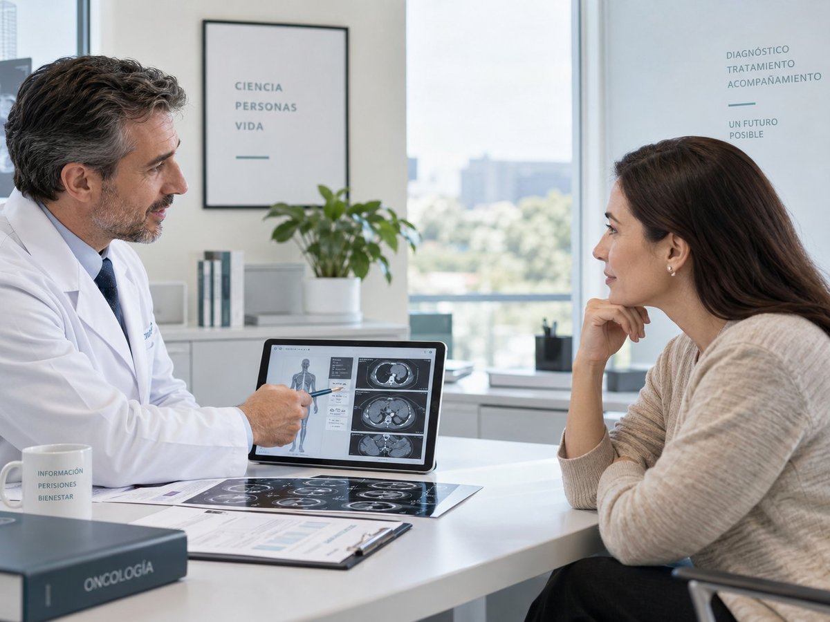 Doctor in white coat discussing medical brain scan images on laptop with female patient in modern office