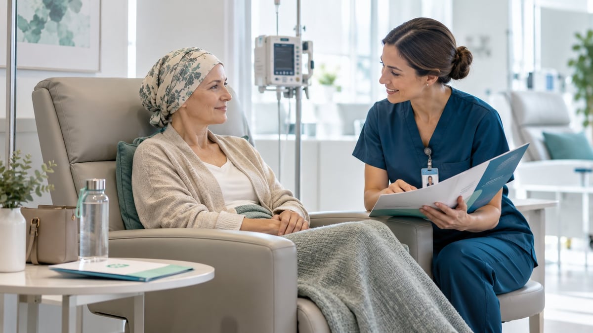 Healthcare worker in scrubs discussing medical chart with patient wearing headscarf in clinical consultation room