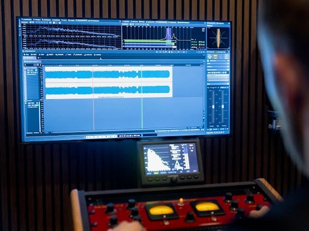 Audio production setup with large blue waveform display monitor and red control panel with illuminated buttons below