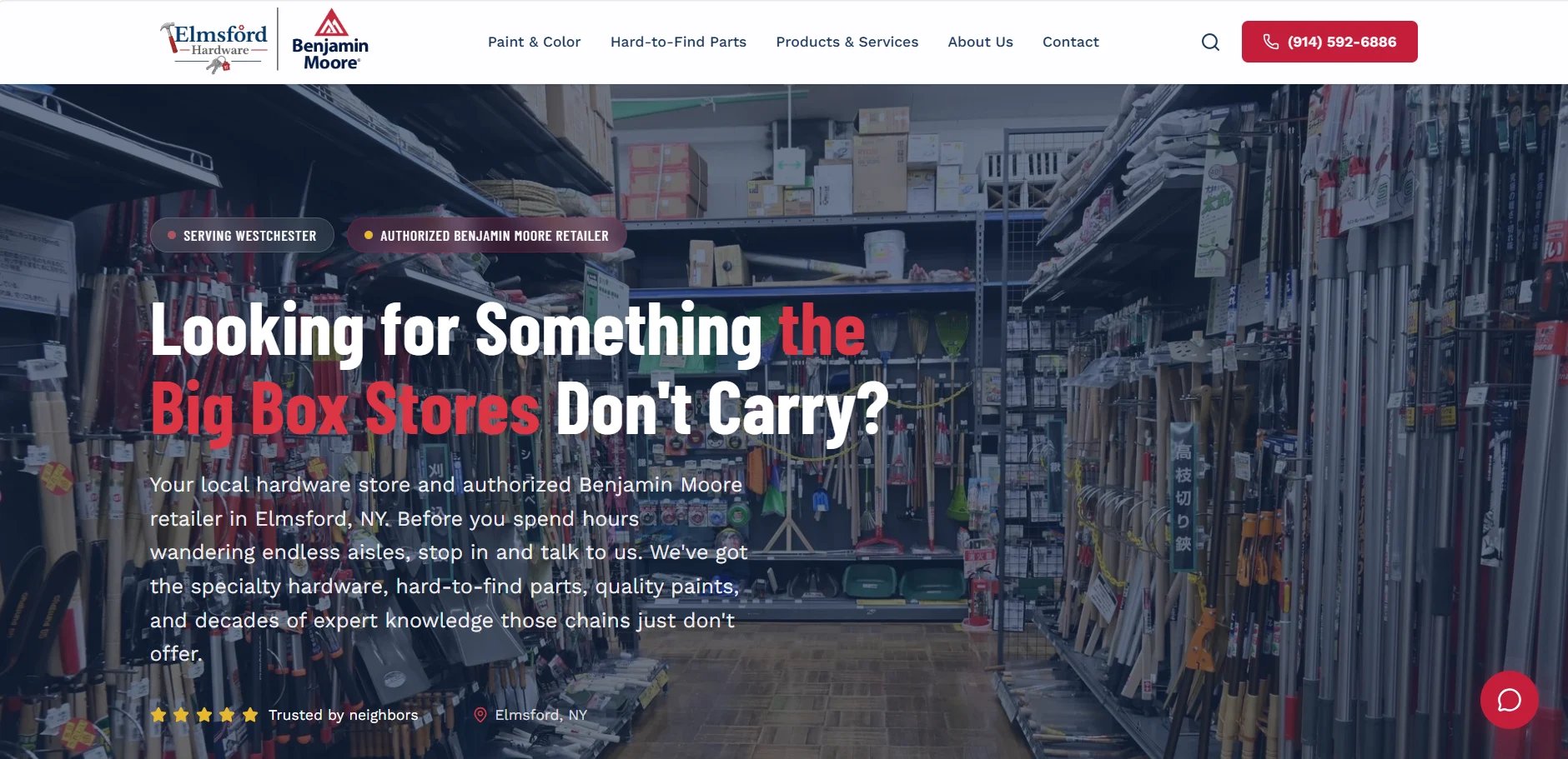 Website header showing hardware store interior with text Looking for Something the Big Box Stores Don't Carry?
