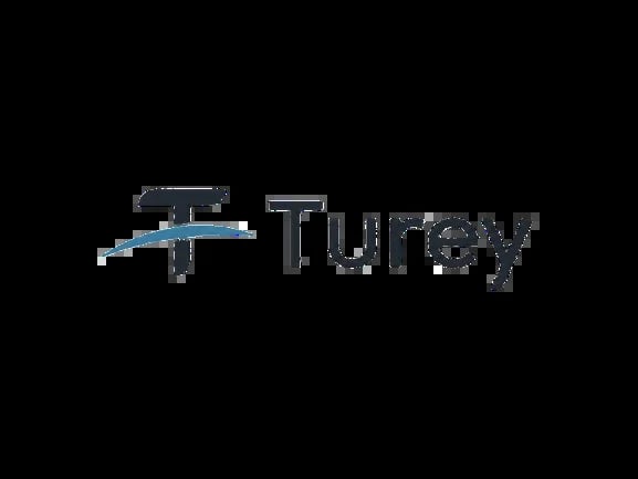 Turey company logo featuring a stylized fish or wave design in blue with black text