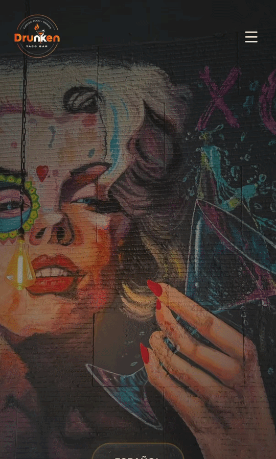 Drunken Taco WP site featuring the Drunken Taco Tacos & Tequila Bar logo over a mural of a woman with red nails holding a martini glass