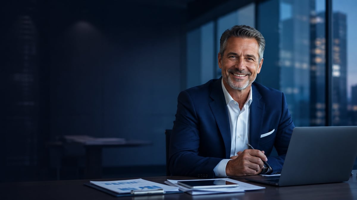 Professional man in navy blazer smiling at desk with laptop and documents in modern office with city lights