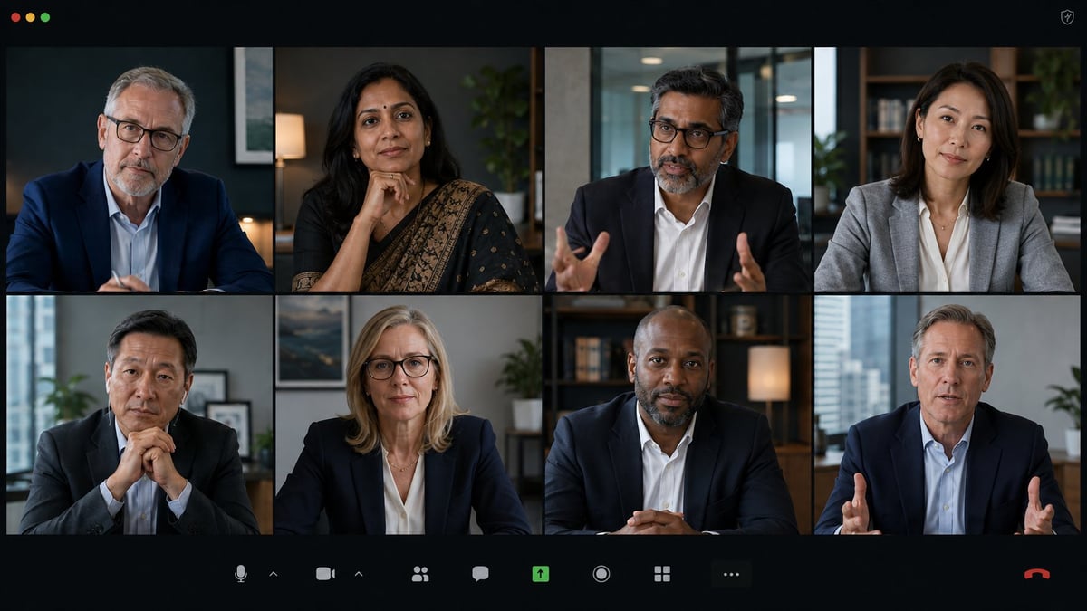 Eight professional business people in a video conference grid, wearing business attire against modern office backgrounds.