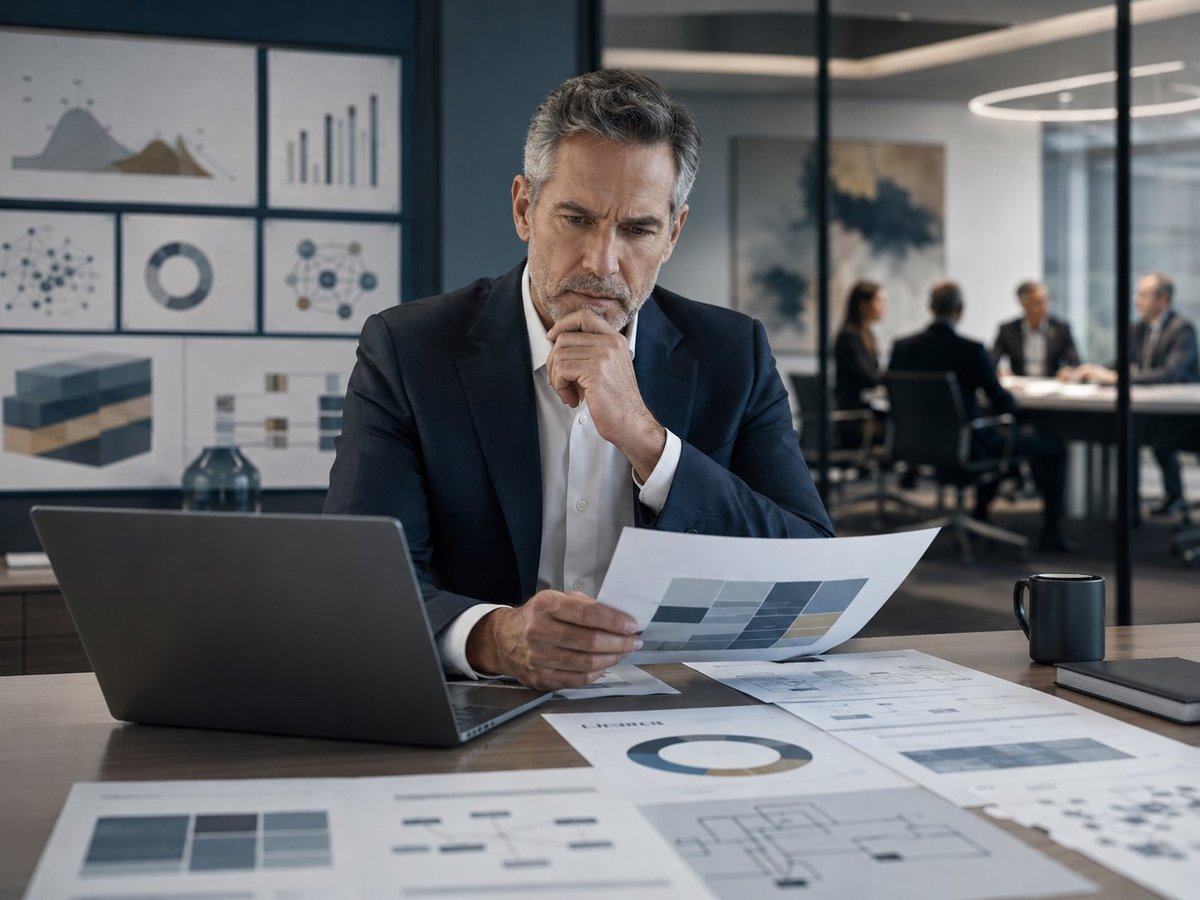 Businessman reviewing financial reports at desk with laptop and charts in modern office environment