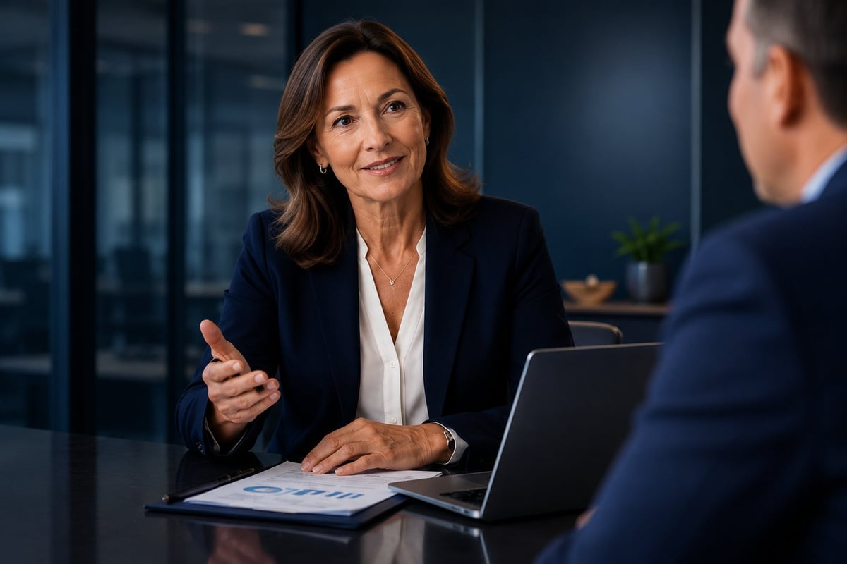 Professional woman in business attire having a meeting with a man at a desk in a modern office with city views