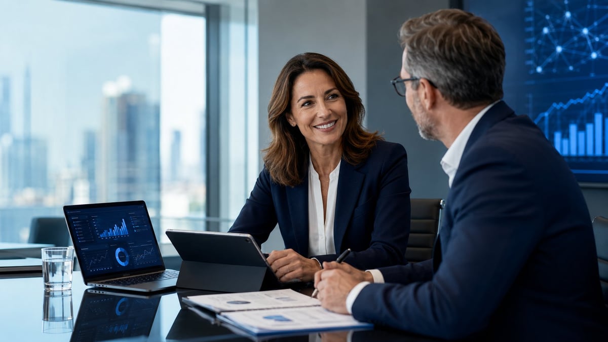 Two business professionals in an office reviewing data on a tablet and laptop with city skyline visible through the window behind them.