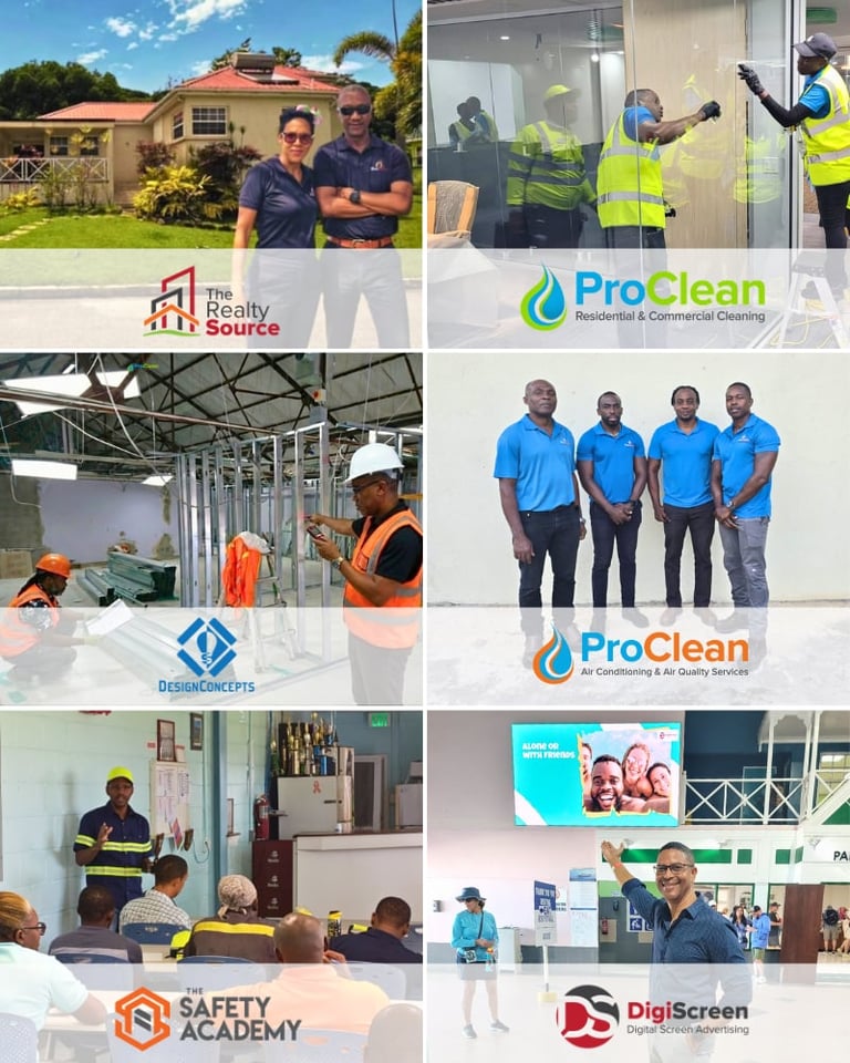 Collage of six service company photos showing team members, construction sites, and training sessions representing The Realty Source, ProClean, DesignExtra, and Safety Academy