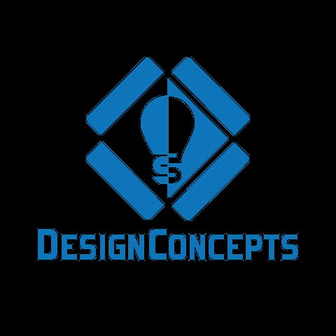 DesignConcepts logo with blue lightbulb icon inside diamond shape and company name below