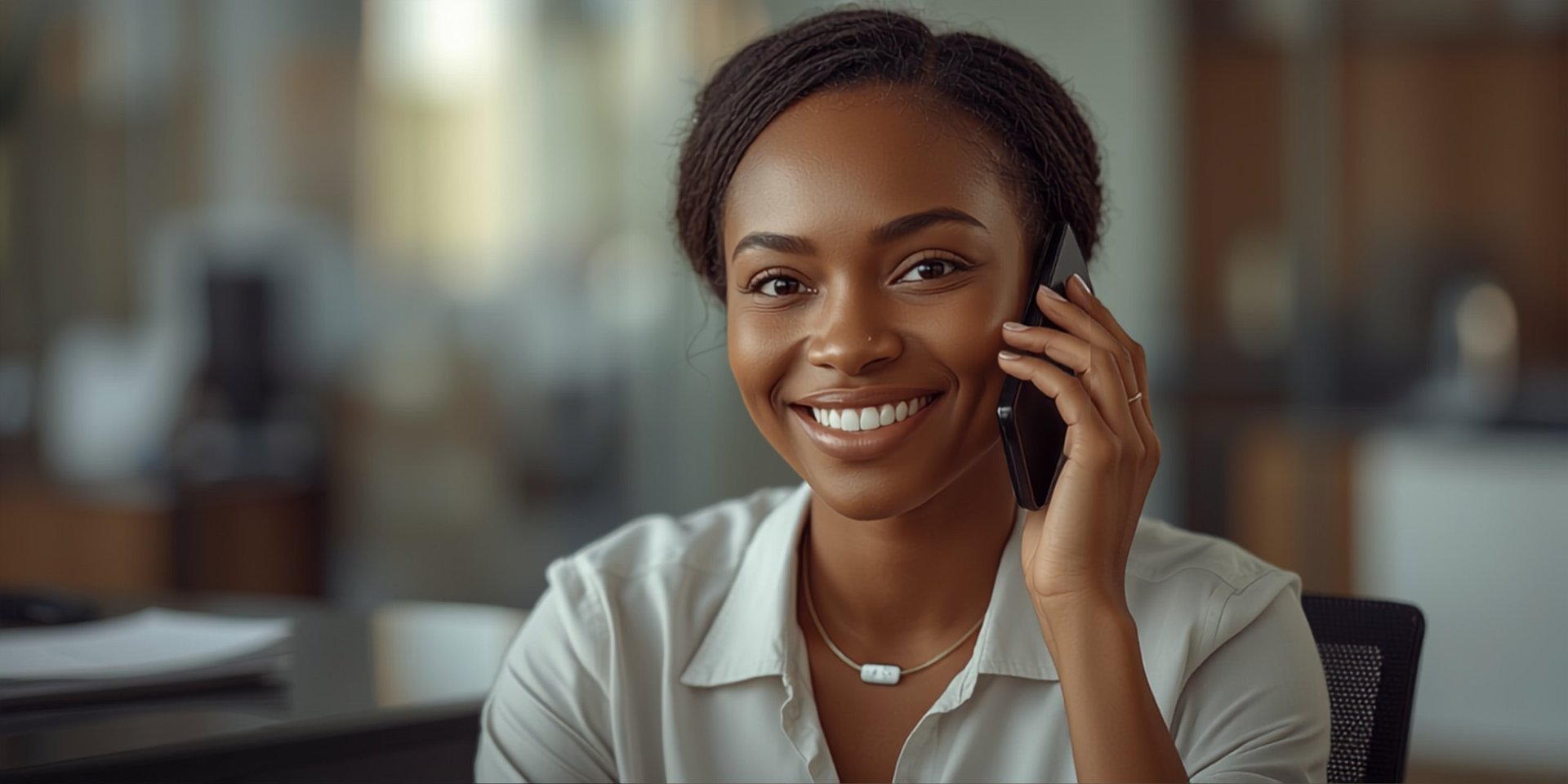 Professional woman smiling while talking on phone in office setting