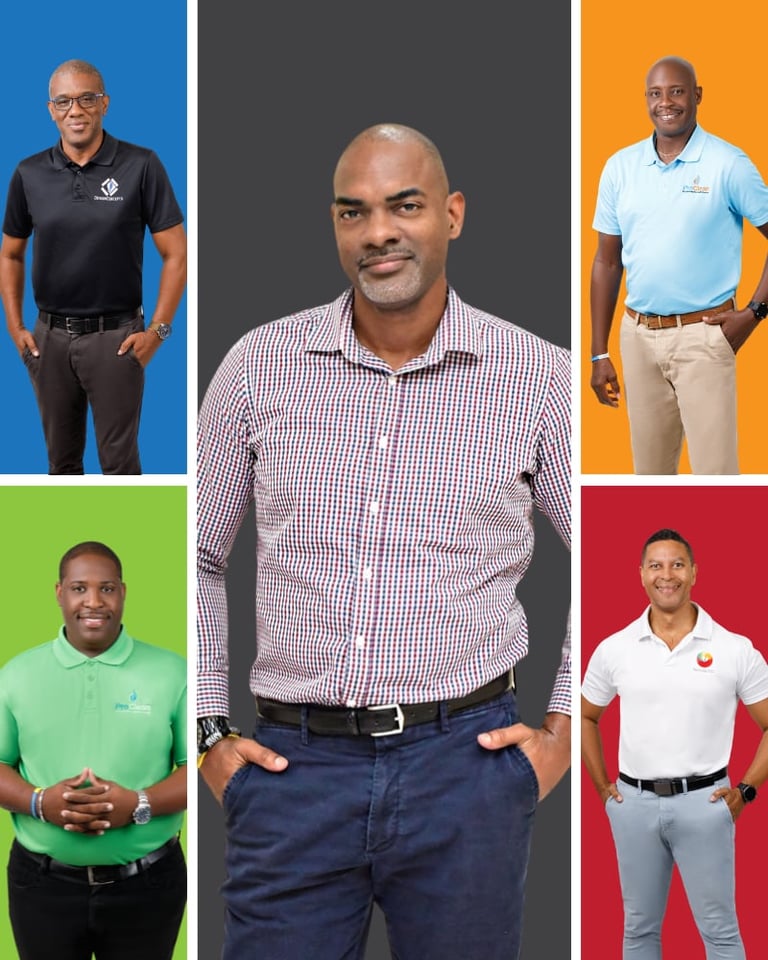 Professional headshots grid of five men in business casual attire against colored backgrounds