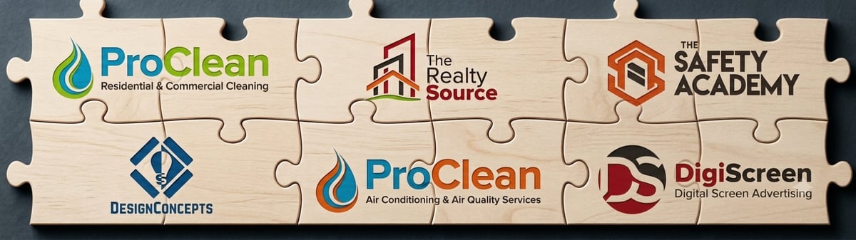 Six interconnected puzzle pieces displaying company logos including ProClean, Realty Boutique, Safety Academy, DesignConcepts, and DigiScreen