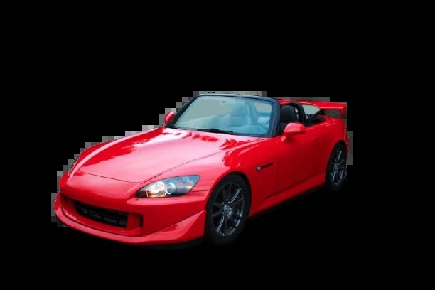 Bright red sports car with sleek design, black racing stripes, dark wheels, and open convertible top