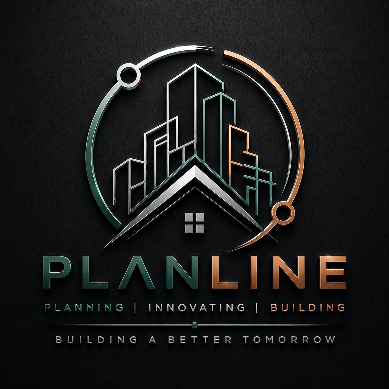 Planline logo featuring abstract cityscape skyline with compass design, tagline Building a Better Tomorrow