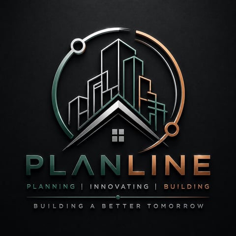 Planline logo featuring abstract cityscape skyline with compass design, tagline Building a Better Tomorrow
