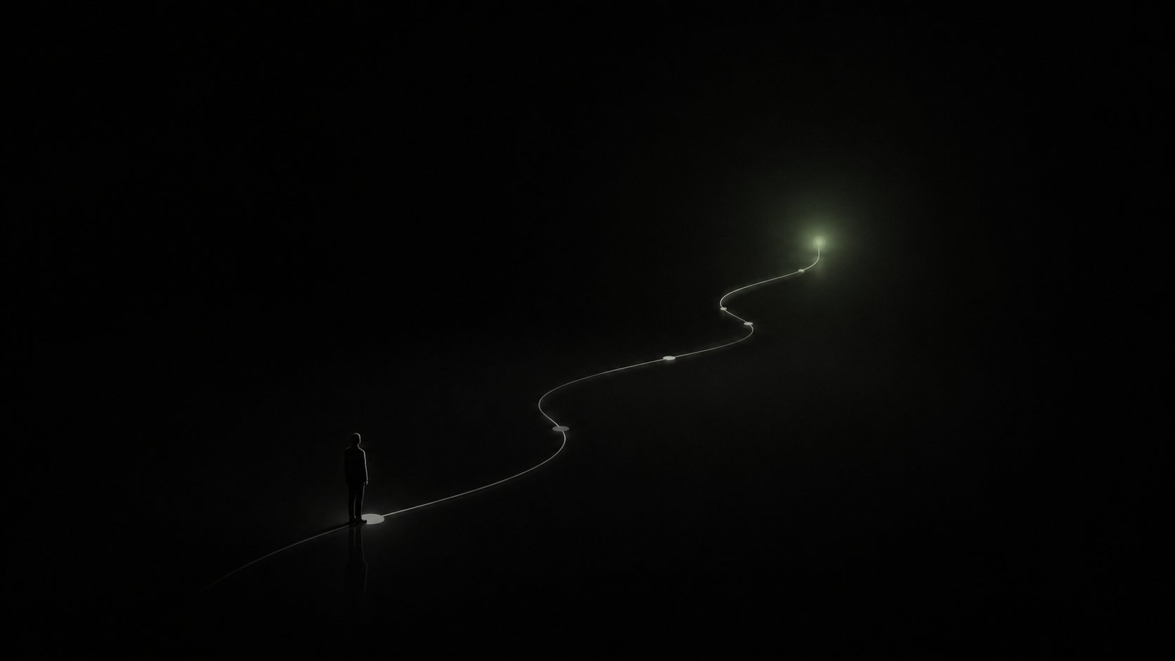 Curved light trail winding through dark night sky from bottom left to bright star-like light source at top right