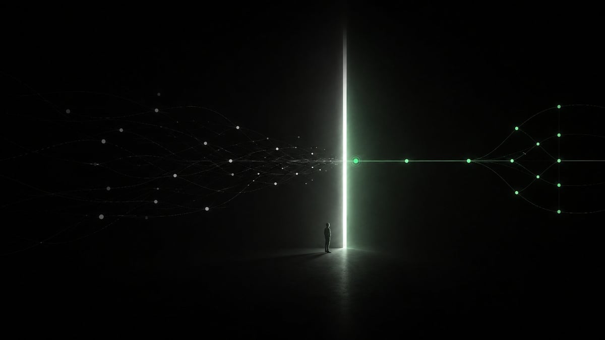 A bright green glowing crosshair or plus sign centered in darkness with scattered white light particles surrounding it.