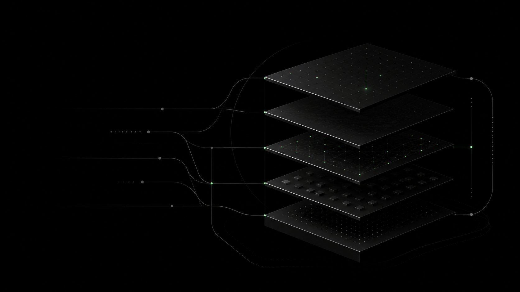 3D diagram showing stacked microchip layers with connecting lines and circuit board elements on black background