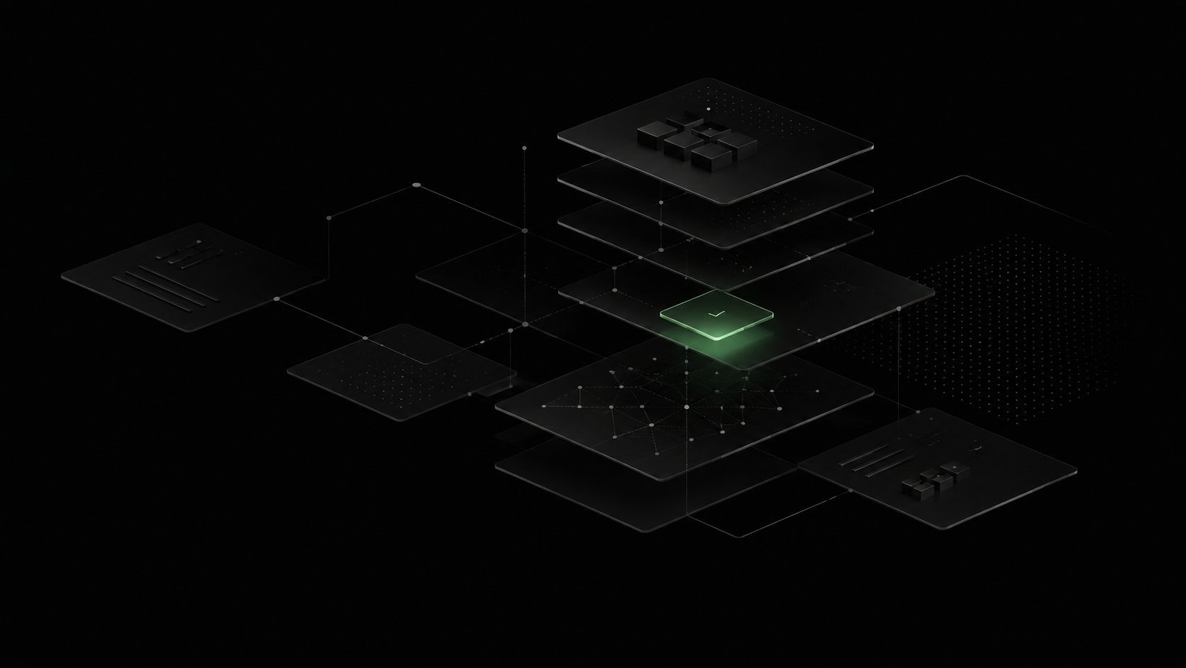 Isometric view of layered computer hardware components with a glowing green circuit board in the center against a dark background