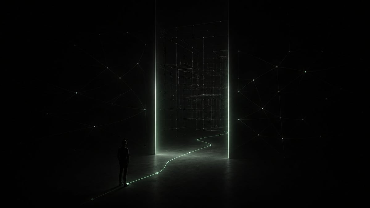 Glowing green neon portal or doorway with geometric framework on a dark starry background