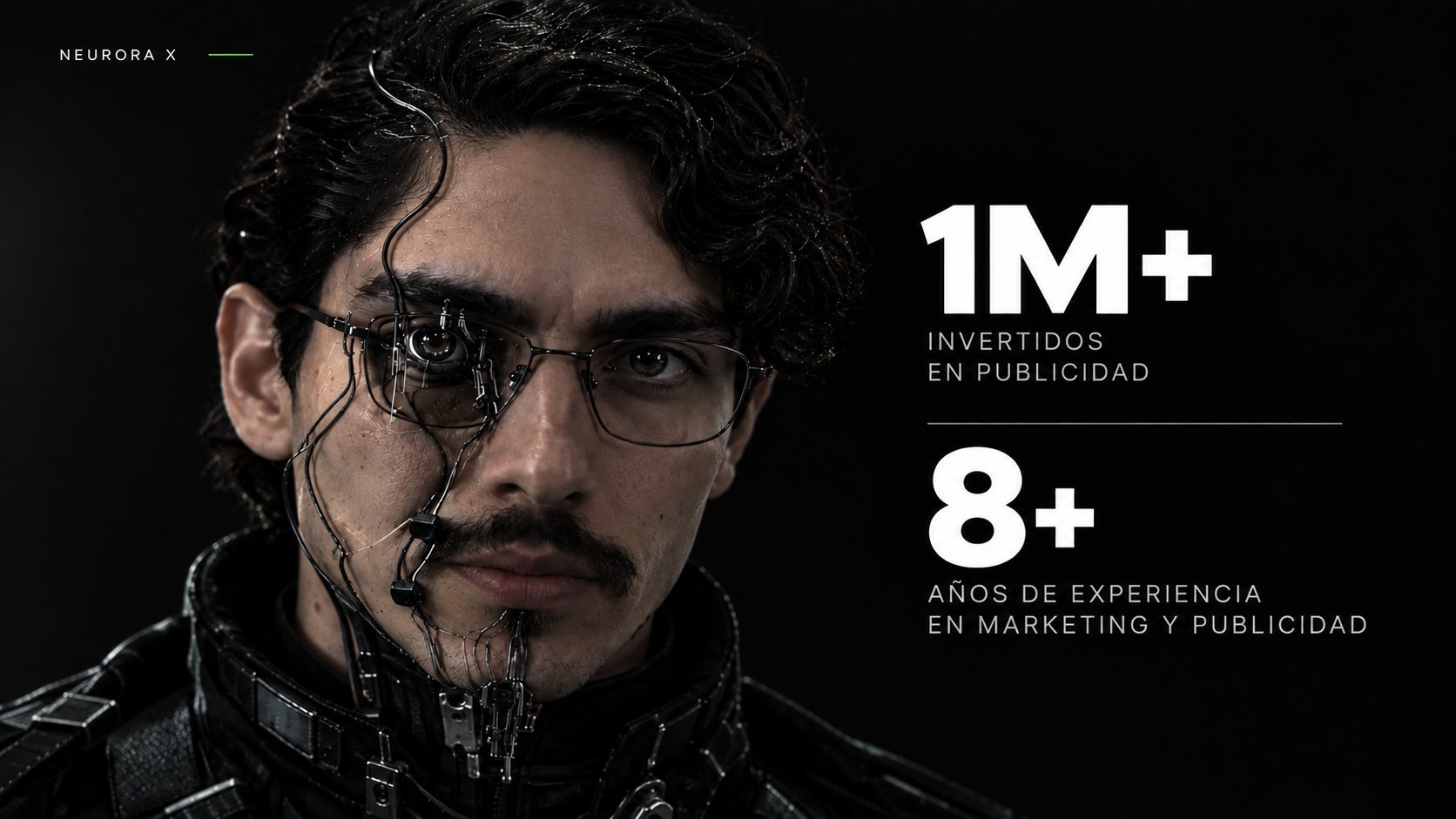 Professional man with glasses and mustache, text overlay showing 1M+ followers and 8+ years marketing experience