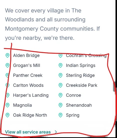 Service area map showing list of communities in The Woodlands and Montgomery County including Alden Bridge, Grogans Mill, Panther Creek, and others with location pins