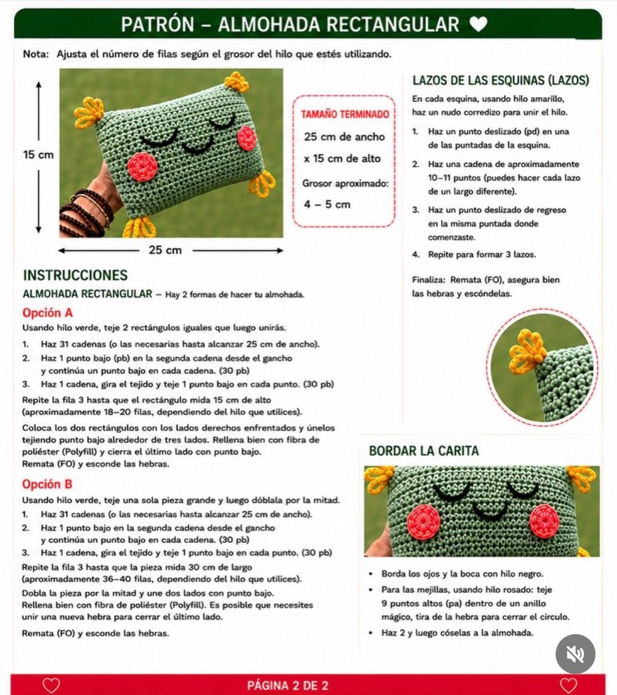 Spanish crochet pattern instructions for a rectangular leaf-shaped pillow with flowers and decorative stitches