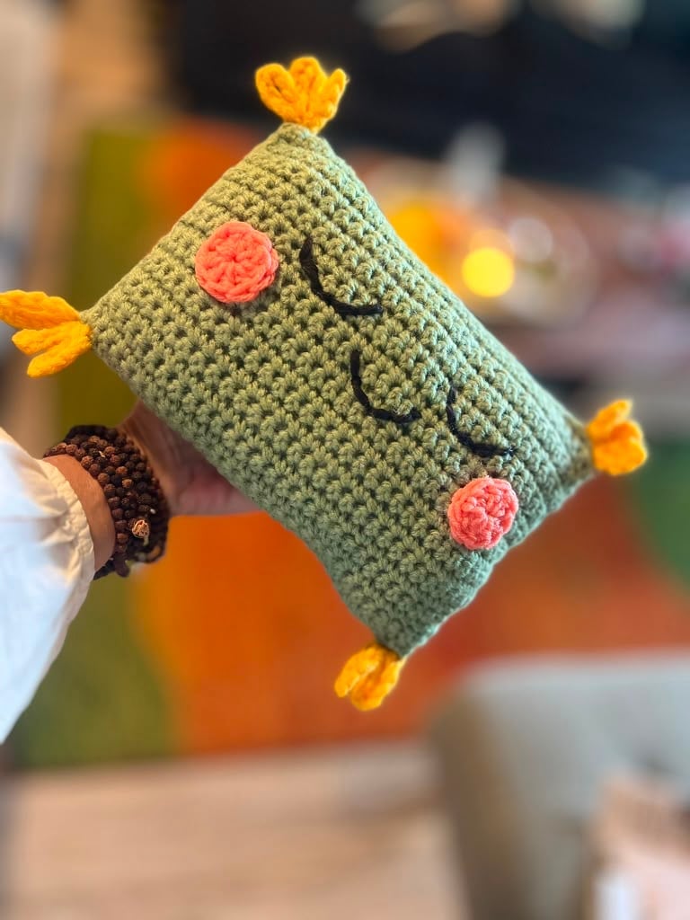Crocheted cactus plush toy with smiling face, pink flowers, and yellow blooms on top, held in hand
