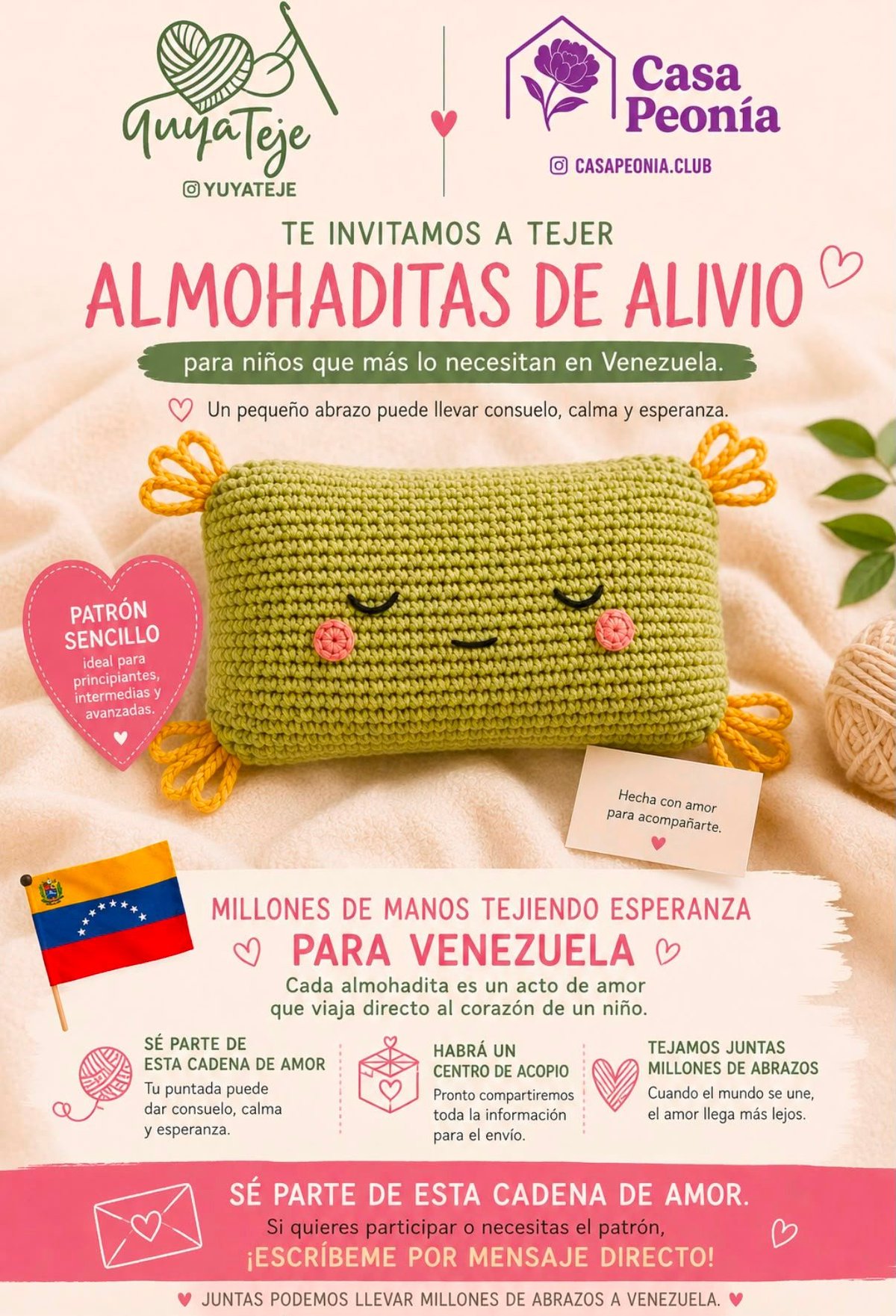 Poster for crocheted stuffed animal charity project supporting children in Venezuela, featuring cute handmade toy and collaboration details between Guiyateje and Casa Peonia