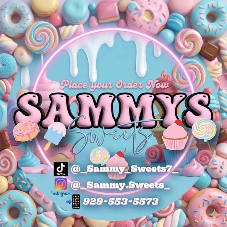 Sammy's Sweets promotional graphic with colorful candy, donuts, and lollipops surrounding pink neon text and contact information