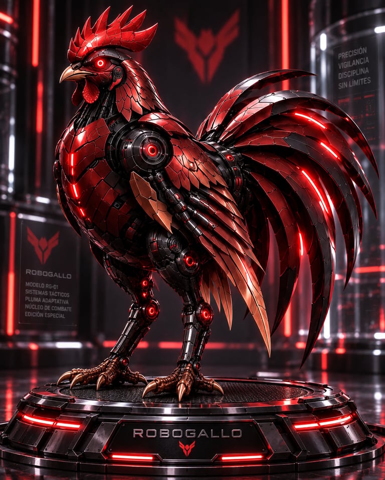 Gallo robótico futurista con plumaje metálico rojo brillante sobre plataforma iluminada en un entorno cyberpunk