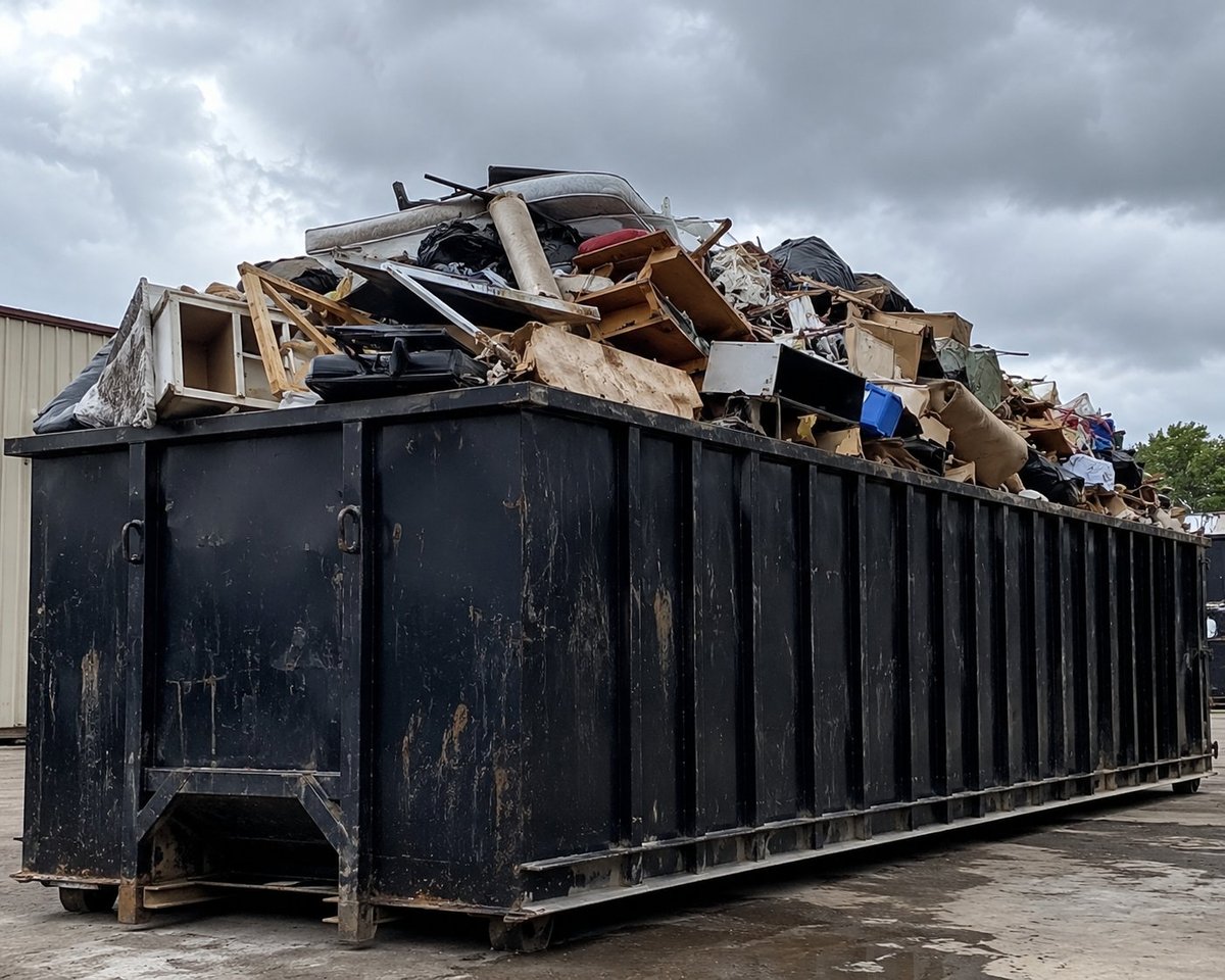 A large black dumpster overflowing with construction debris, scrap metal, and mixed waste materials under a cloudy sky.