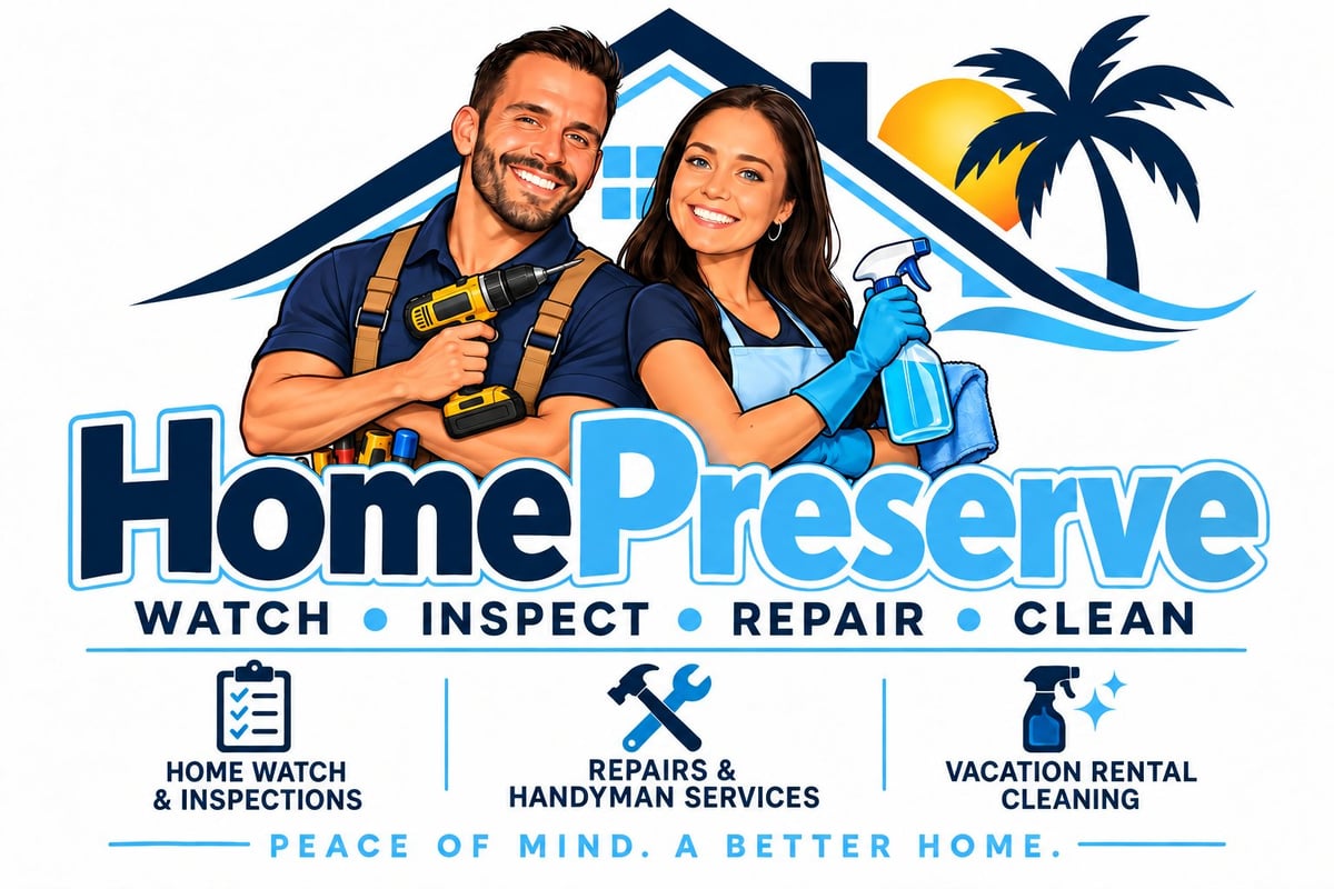 HomePreserve logo featuring smiling male handyman and female cleaner with palm tree, house roof, and service icons for watch, inspect, repair, and clean