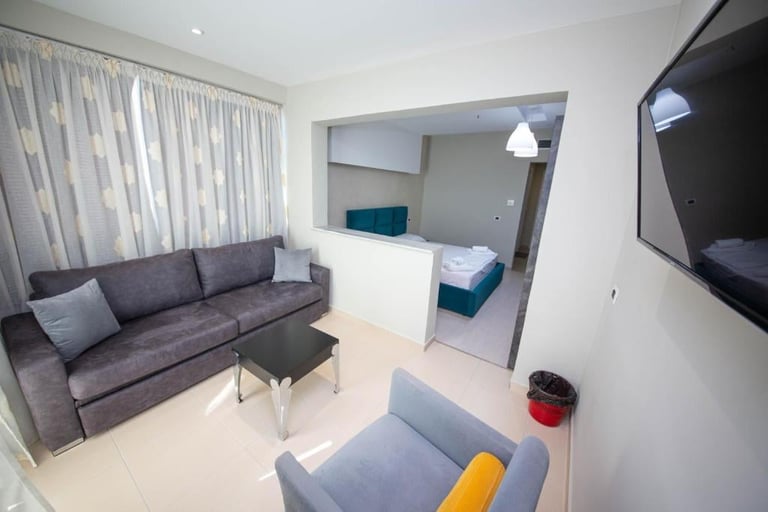 Modern open-concept studio apartment with gray sofa, blue accent chair, TV mounted on wall, and bedroom visible through glass partition