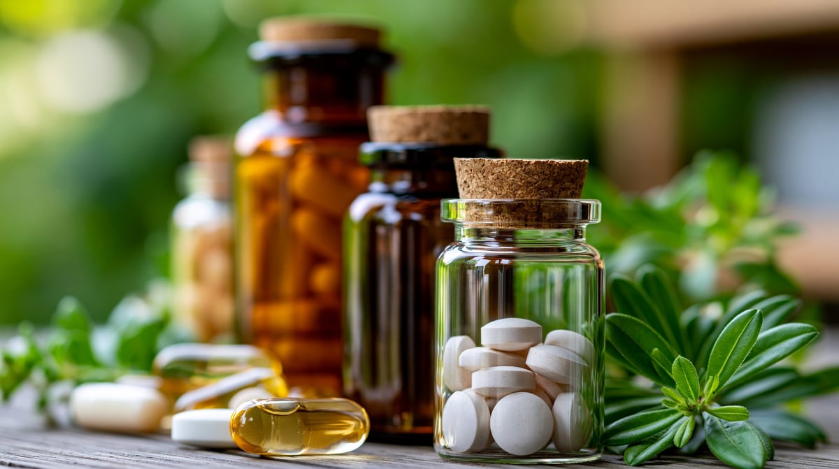 Assorted glass bottles and jars with supplements, oils, and white pills on a surface with fresh green herbs and natural plants in the background