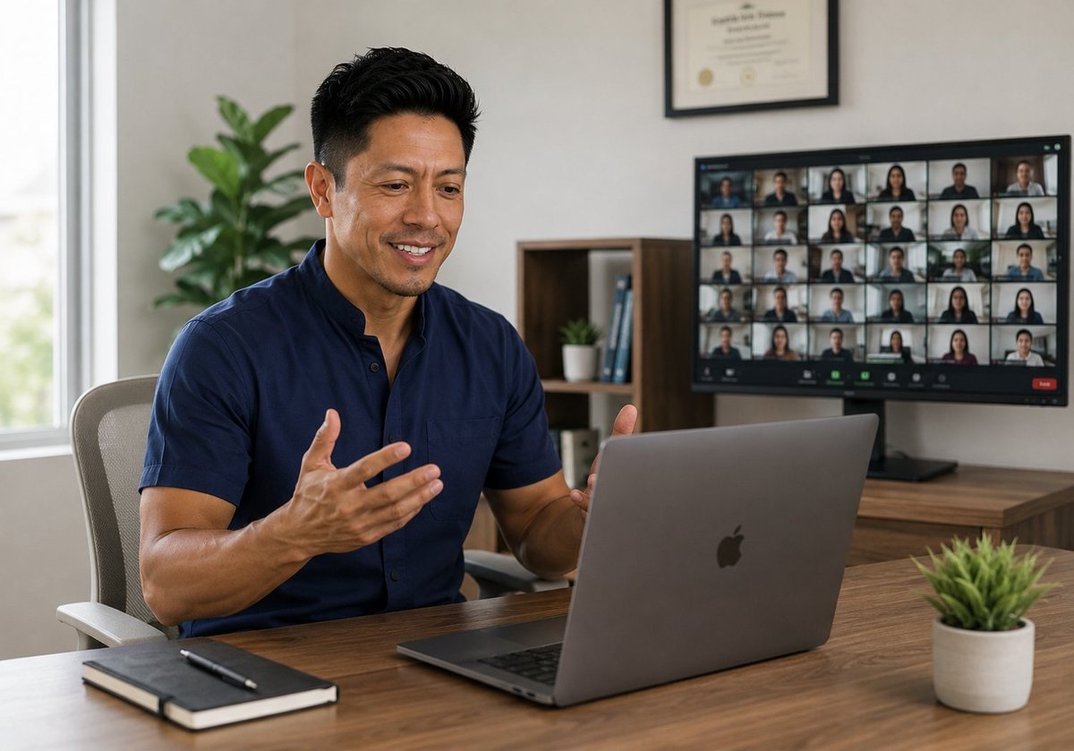 Man in navy shirt at desk with laptop during video conference call with multiple participants displayed on monitor