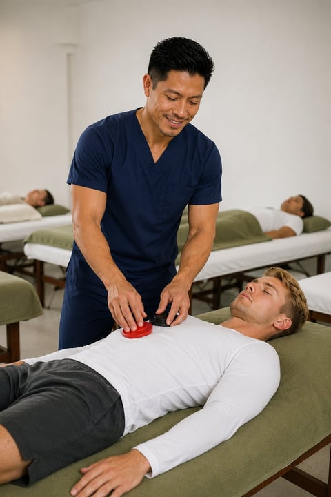 Male massage therapist performing abdominal massage on patient lying on treatment table in clinic room