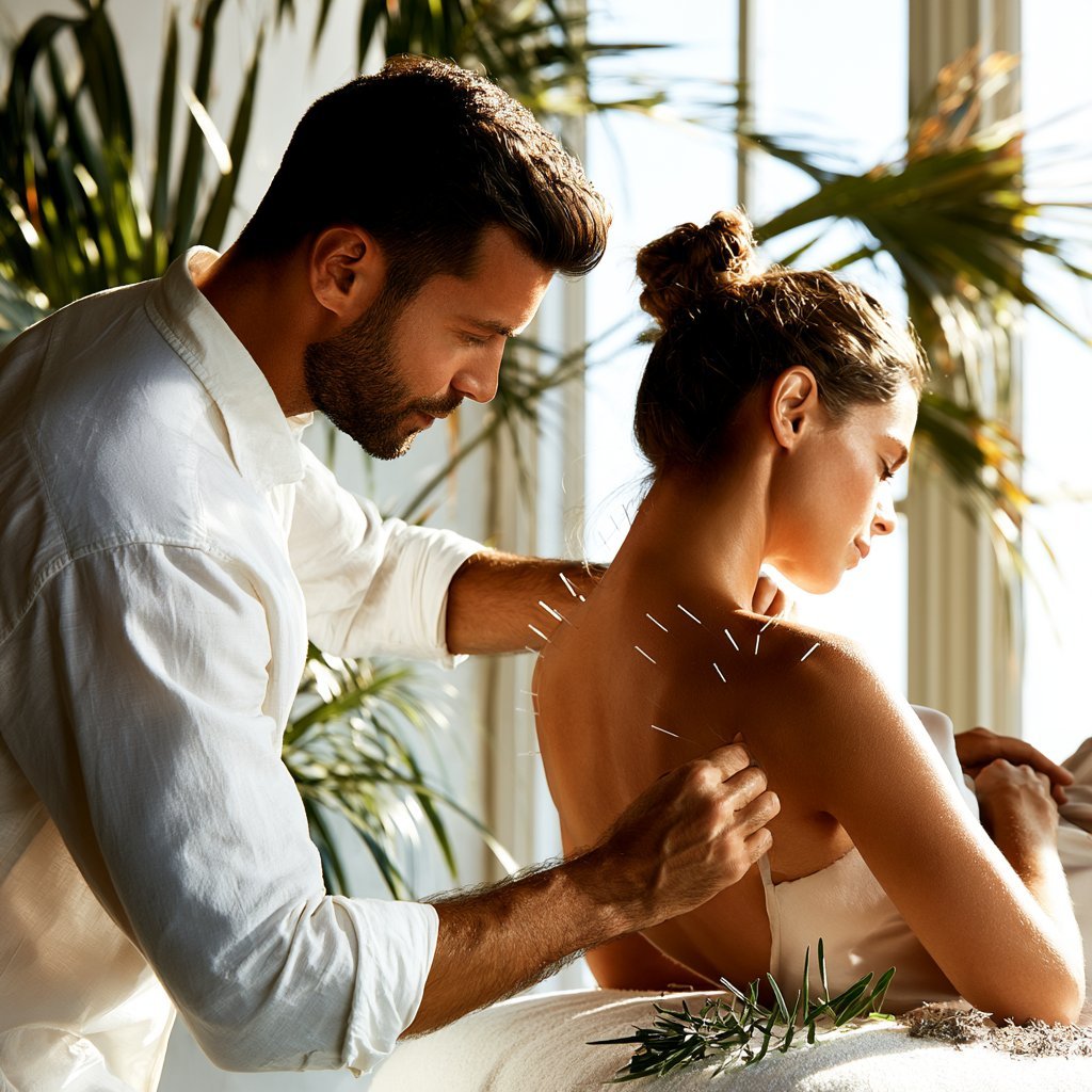 Male massage therapist performing back massage on female client in a bright, plant-filled wellness spa setting