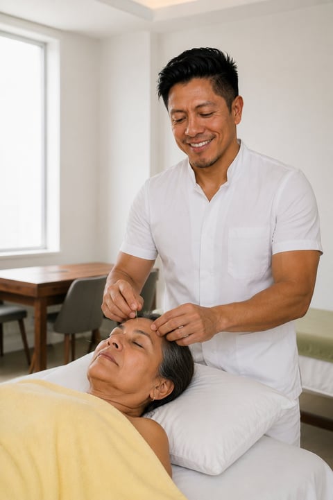 Male massage therapist performing facial massage on a client in a bright, modern treatment room